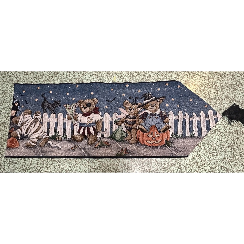 VTG Halloween Tapestry Table Runner Teddy Bears Jack O Lanterns
